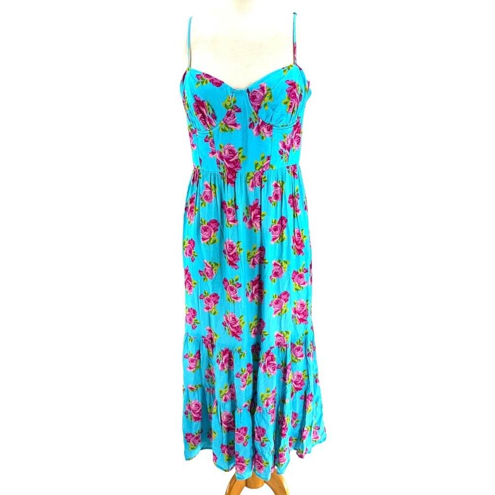 Betsey Johnson Ava Corset Midi Dress Women's 10 Blue Floral Tiered Spring Summer - Picture 2 of 12